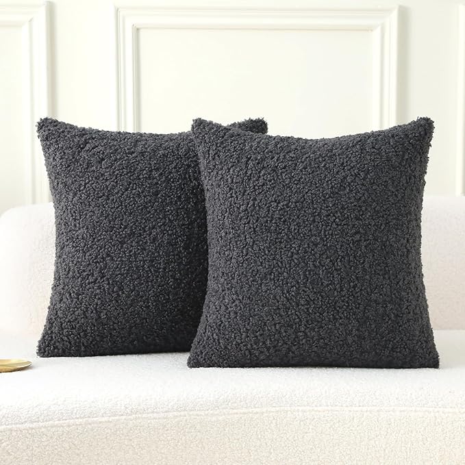 FUTEI Charcoal Throw Pillow Covers 22x22 Inch Set of 2,Furry Faux Fur Teddy Boucle Textured Cushion Covers,Soft Fluffy Decorative Pillow Case,Home Decor for Couch Bed Living Room Office Car