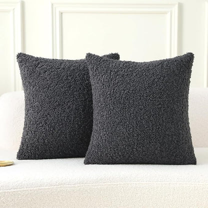 FUTEI Charcoal Throw Pillow Covers 20x20 Inch Set of 2,Furry Faux Fur Teddy Boucle Textured Cushion Covers,Soft Fluffy Decorative Pillow Case,Home Decor for Couch Bed Living Room Office Car