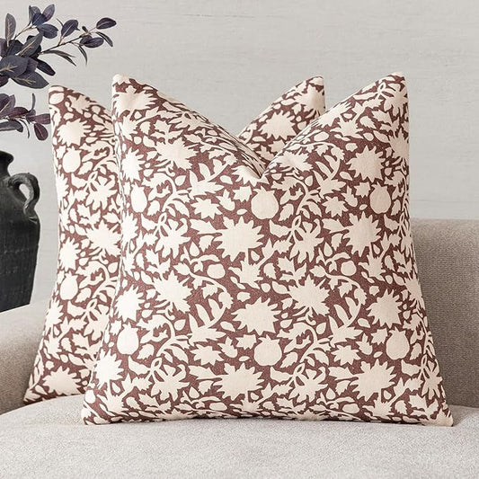 Foindtower Set of 2 Decorative Neutral Floral Throw Pillow Covers Accent Farmhouse Cushion Covers Boho Vintage Pillowcase for Couch Sofa Bedroom Living Room Home Decor,24×24 Inch,Wine Red