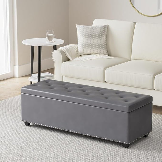 SIMPLIHOME Hamilton 48 inch Wide Transitional Rectangle Storage Ottoman in Stone Grey Vegan Faux Leather, Assembled, For the Living Room, Entryway and Family Room