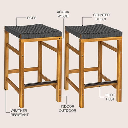 JONATHAN Y CSL1201B-SET2 Armand 25.6" Modern Coastal Backless Acacia Wood Outdoor Counter Stool with Woven Rope Seat, for Pool, Deck, Poolside, Light Teak/Grey (Set of 2)