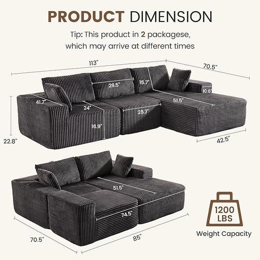 Apicizon 113" Sectional Sofa Couch for Living Room, 3 Seat Boneless Sofa with Chaise Longue, L-Shape Modular Sectional Couches with Deep Seat for Apartment，No Assembly Required (Stripe Corduroy Gray)