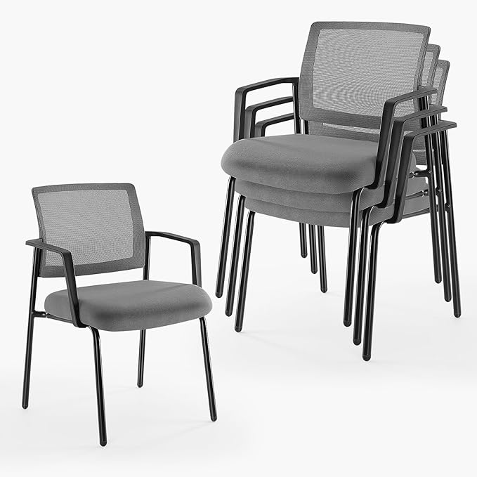 DUMOS Grey Stackable Arm Chairs with Mesh Back and Upholstered Fabric, Sturdy Metal Frame, Easy to Store and Use, Perfect for Indoor and Outdoor Spaces, 1 Chair