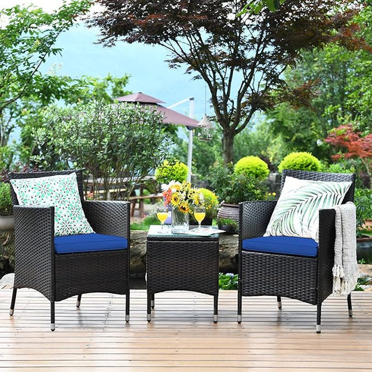COSTWAY 3 PCS Patio Furniture Set, Outdoor Wicker Conversation Set with Tempered Glass Coffee Table, Seat Cushions, Rattan Wicker Chairs for Poolside Balcony Porch Backyard, Navy