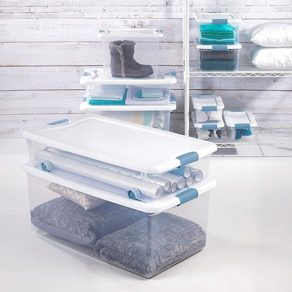 Sterilite 12-Pack Latching Box, Under Bed Storage Bins with Lids, Clear Plastic, 106 Quart - Heavy-Duty Organizing Containers for Closet, Bathroom, and Office