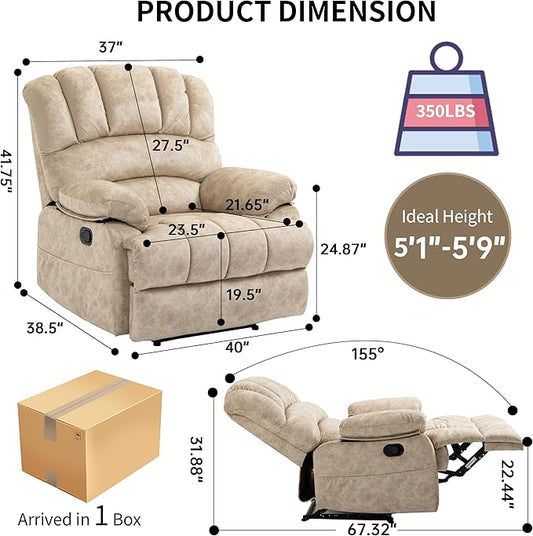 Manual Recliner Chair for Living Room, Single Sofa Recliners for Adults 350LBS, Heavy Duty Reclining Max 155 Degrees, Fabric Beige