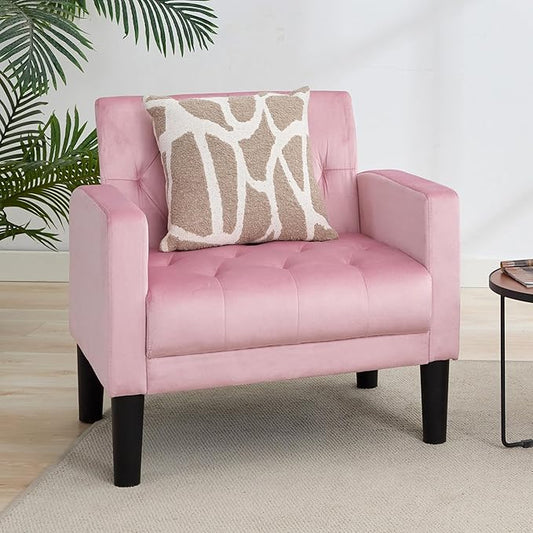 TYBOATLE Mid-Century Fabric Tufted Accent Living Room Armchairs, Comfy Modern Upholstered Bedroom Office Armchair Single Sofa, Reading Lounging Side Lounge Chair Living Room Furniture (Pink)
