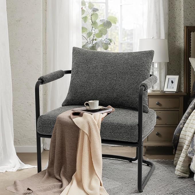 Single Accent Chair for Living Room, Mid Century Modern Upholstered Reading Armchair for Bedroom, Office, with Comfy Chenille Cushion & Metal Frame, Dark Grey