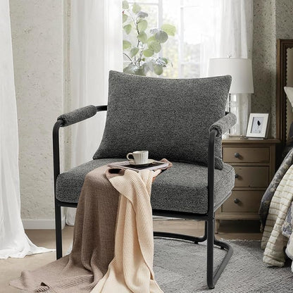 Single Accent Chair for Living Room, Mid Century Modern Upholstered Reading Armchair for Bedroom, Office, with Comfy Chenille Cushion & Metal Frame, Dark Grey