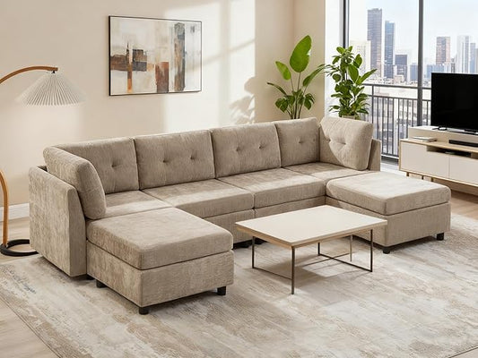 VANOMi 4 Seater Modular Cloud Sofa with 2 Ottomans, 118" Sectional Sofas & Couches for Living Room, Comfy Chenille Cloud Sectional Couch Sofas for Living Room, Apartment, Office, Camel, U Shaped
