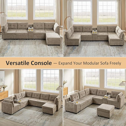 VANOMi 118" Modular Cloud Sofa with 2 Ottomans, 8 Seater Convertible Modular Sectional Sofa Bed, Comfy Chenille Sofas & Couches for Living Room, Apartment, Office, Camel, Large Sofa Bed