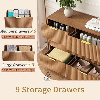 9 Drawer Dresser for Bedroom with Deep Drawers, 63" Wide Wood Dresser, Large Floor Chest of Drawers, Modern Long TV Stand, Mid Century Storage Cabinet Side Table, Natural