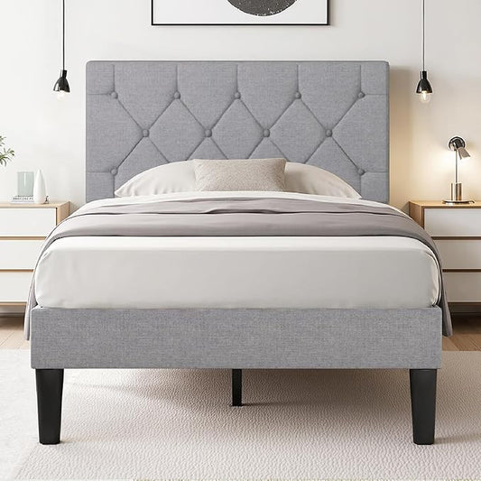 VECELO Twin Bed Frame with Button Tufted Headboard, Upholstered Platform with Wooden Slat Support, No Box Spring Needed, Linen Grey
