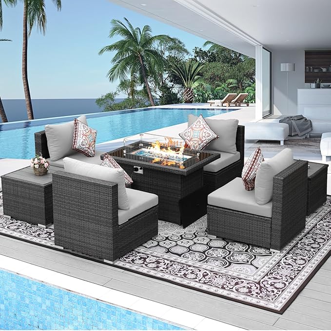 NICESOUL 7 Piece Modern Outdoor Seating Groups with Firepit Natural Gas/Propane, 29.3'' High Back Oversized Rattan Patio Conversation Sofas Set, Deep Seated Wide Sectional Couches for Outside, Gray