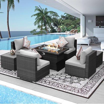 NICESOUL 7 Piece Modern Outdoor Seating Groups with Firepit Natural Gas/Propane, 29.3'' High Back Oversized Rattan Patio Conversation Sofas Set, Deep Seated Wide Sectional Couches for Outside, Gray