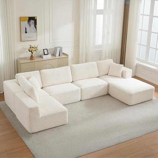 Modular Sectional Cloud Couch for Living Room,Modern Boneless Couche Set with Plush Corduroy,Comfy Floor Sofa with Memory Foam,Stupendous U Shaped Sofa with Ottoman,No Assembly Required,Beige