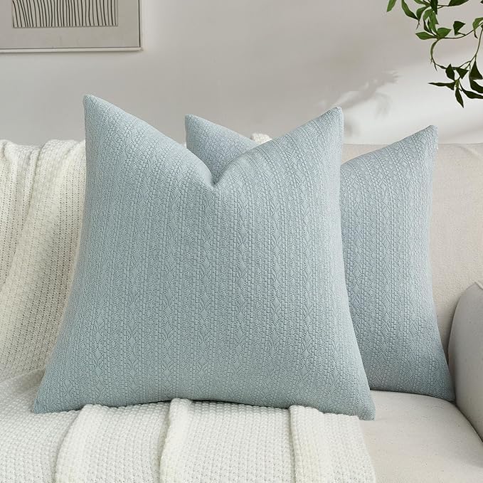 FUTEI Dusty Blue Chenille Throw Pillow Covers 24x24 Inch Set of 2,Soft Striped & Diamond Textured European Cushion Cases,Modern Home Decor for Couch Living Room