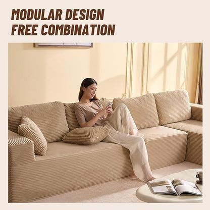 138" Boneless Couch with Deep Seat, Modular Sectional Sofa, Cloud Sectional Couch for Living Room, No Assembly Required, Corduroy, 4 Seater L-Shape Right, Camel