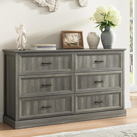 Farmhouse 6 Drawer Dresser for Bedroom, 55 Inch Wide Modern Grey Dresser TV Stand with Large Drawers & Bar Handles, Rustic Wood Chest of Drawers for Bedroom, Living Room