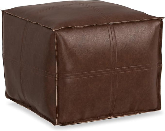 SIMPLIHOME Brody 18-inch Wide Square Pouf in Distressed Dark Brown Vegan Faux Leather, Boho-Style Ottoman, Footstool or Extra Seating for Living Room, Assembled