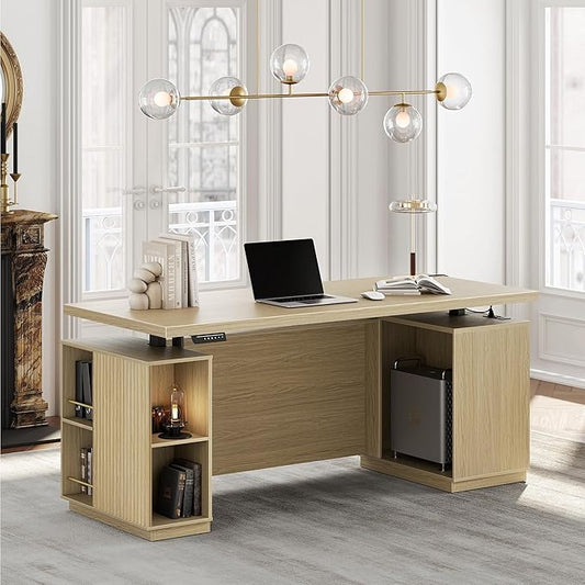 70" Standing Desk with Storage, Executive Electric Height Adjustable Stand Up Desk with AC/USB and Privacy Panel, Large One-Piece Destop, Fluted Computer Desk for Home Office, Light Walnut