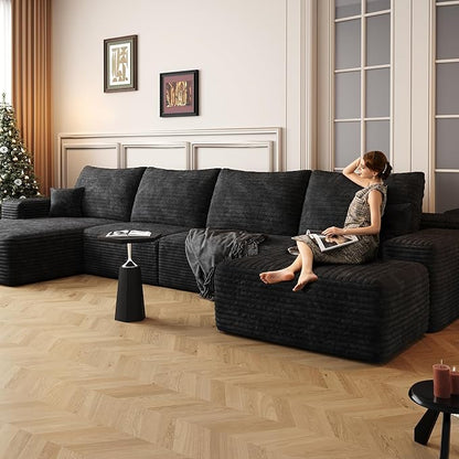 136" Sectional Couches for Living Room Modern Modular Sofa with L-Shape Couchs Upholstered Boneless Couch Deep Seat Sectional Couch with Chaise (Black, Left Facing Chaise+3Seaters+Ottoman)