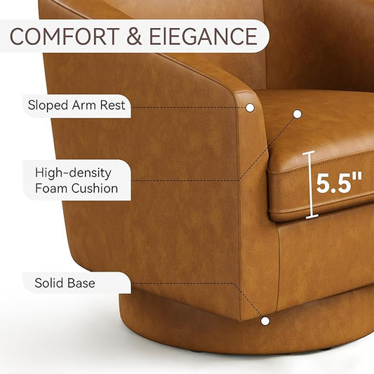 Swivel Barrel Accent Chair, Round Faux Leather Living Room Arm Chairs, Modern Upholstered Comfty Reading Nook Chairs for Bedroom, Small Club Armchair, Single Sofa Side Chair, Brown