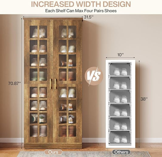 Tribesigns 71-Inch Tall Shoe Cabinet with Doors, 8-Tier Shoe Storage with Adjustable Shelves, Modern Shoe Organizer Shoe Rack Cabinet for Entryway, Hallway, Closet, Living Room, Rustic Brown