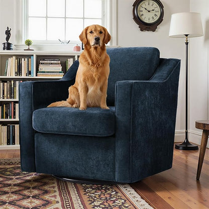 Pia Ricco 360° Swivel Accent Chair, Plush Oversized Chenille Fabric Armchair with Removable Cover for Living Room and Reception,Grey Blue