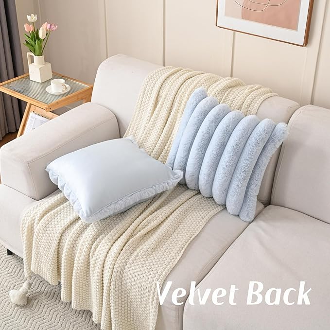 FUTEI Light Blue Decorative Throw Pillow Covers 26x26 Inch Set of 2, Square Soft Faux Rabbit Fur Thick Striped Euro Pillow Shams,Winter Home Decor for Couch Bed Living Room