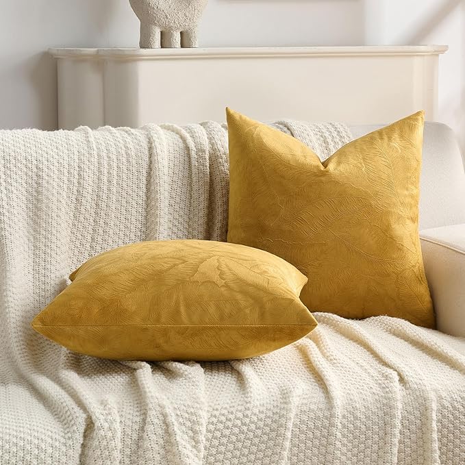 FUTEI Golden Yellow Velvet Throw Pillow Covers 24x24 Inch Set of 2,Soft Embossed Leaf-Relief Textured European Cushion Cases,Natural Home Decor for Couch Living Room