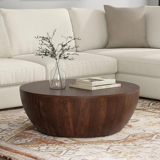 SIMPLIHOME Elmbrook Coffee Table - 34 inch Wide Solid Mango Wood Modern Industrial Round Drum Cocktail Table in Walnut Brown, Sculptural Living Room Table with Low Profile Design, Assembled