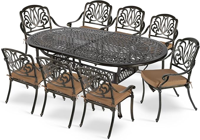MEETWARM 9-Piece Outdoor Patio Dining Set- 8 Outdoor Dining Cushioned Chairs and 1 Oval Table with 2" Umbrella Hole, All Weather Cast Aluminum Patio Funiture Set for Backyard, Patio, Garden