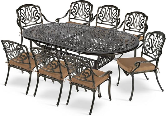 MEETWARM 9-Piece Outdoor Patio Dining Set- 8 Outdoor Dining Cushioned Chairs and 1 Oval Table with 2" Umbrella Hole, All Weather Cast Aluminum Patio Funiture Set for Backyard, Patio, Garden