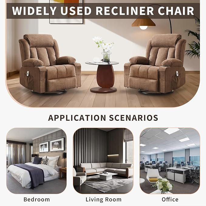 Rocking Recliner Chair with Heat and Massage, Nursery Recliner 360° Swivel Oversized Chairs for Adults, Lazy Boy Single Sofa Seat with 3 Positions, 2 Side Pockets, Cup Holders, and USB Ports, Brown