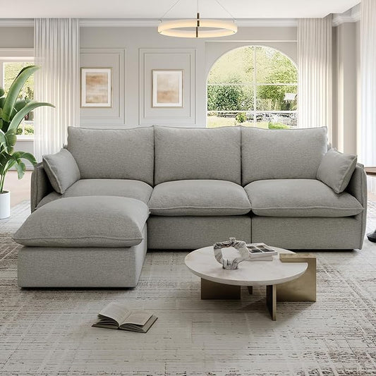 94.6" Cloud Modular Sectional Sofa, Waterproof Down Filled Sectional Sofas, High Backrest L Shaped 3 Seater Sectional Couches with Ottoman, Modular Couch with Removable Cover, Light Gray