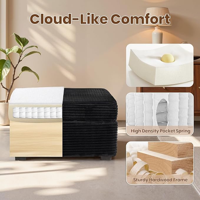 32.7'' Ottoman for Modular Sectional Sofa, Deep Seat Upholstered Footstool for Sofas Set, L/U/V Shaped Plush Corduroy Cloud Couch for Living Room Apartment, Black
