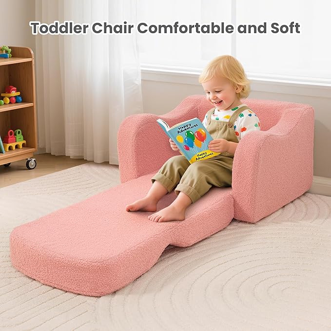 Comfy Toddler Chair & Kids, 2-in-1 Soft Couch Fold Out for Kids, Toddler Chairs Comfy 1-3 Years Old, Convertible Plush Sofa to Lounger for Girls and Boys, Pink
