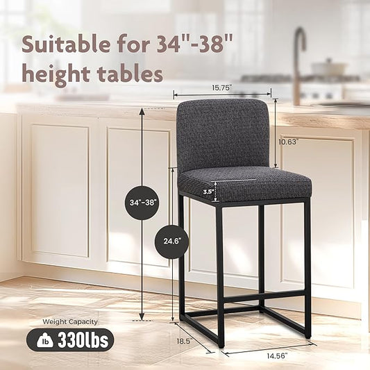 ALPHA HOME 24" Bar Stools Set of 2 Kitchen Counter Stools with Back, Counter Height Stools with Upholstered Footrest for Kitchen Island, Metal Steel Frame, Chenille, Darkgray