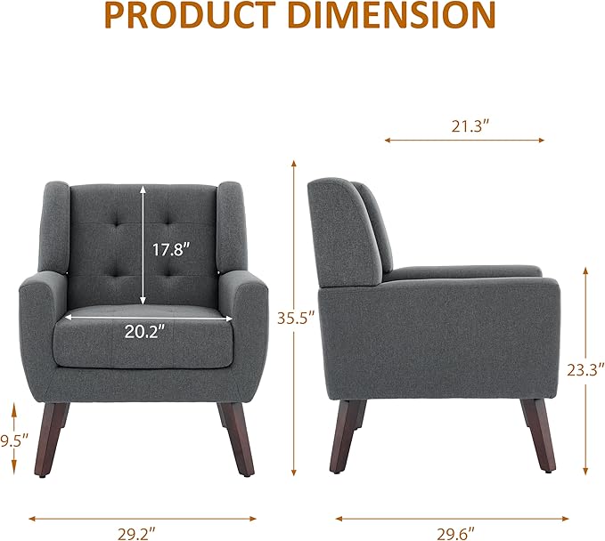 Accent Chairs Set of 4, Mid-Century Modern Upholstered Armchair, Comfy Fabric Living Room Chairs Reading Chairs with Button Tufted Back & Solid Wood Legs for Bedroom, Office, Gary