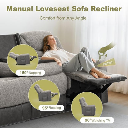 Manual Reclining Sofa, Flip Middle Backrest 2-in-1 Couch with Large Storage Drawer, USB Ports & Cup Holders, Grey Linen & Chocolate Leather Living Room Loveseat Recliner Sofa, Grey