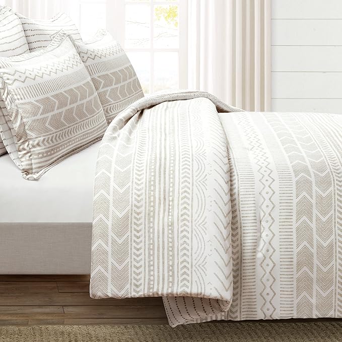 Lush Decor Hygge Geo Reversible 5 Piece Comforter Set, Full/Queen, Taupe & White