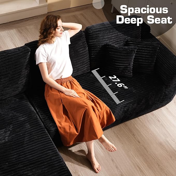 135'' Boneless Sectional Couch, Oversized U Shaped Modular Cloud Couches, Plush Corduroy Memory Foam Deep Seat Floor Sofa for Living Room, No Assembly Required, Black