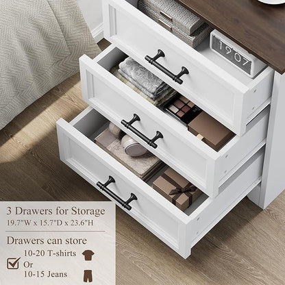 White Nightstand with Charging Station, 19.7" Farmhouse End Table with 3 Drawers Storage, Bedside Table with Brushed Metal Handles, Unique Base Design, 3 Drawer Dresser for Bedroom, Living Room
