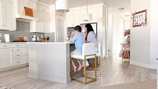 ALPHA HOME 24 Inch Bar Stools, Kitchen Counter Stools with Backs, PU Leather Barstools, White Bar Stools with Upholstered Footrest, Sturdy Chromed Metal Steel Frame, White