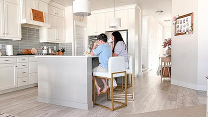 ALPHA HOME 24 Inch Bar Stools Set of 3, Kitchen Counter Stools with Backs, PU Leather Barstools, White Bar Stools with Upholstered Footrest, Sturdy Chromed Metal Steel Frame, White