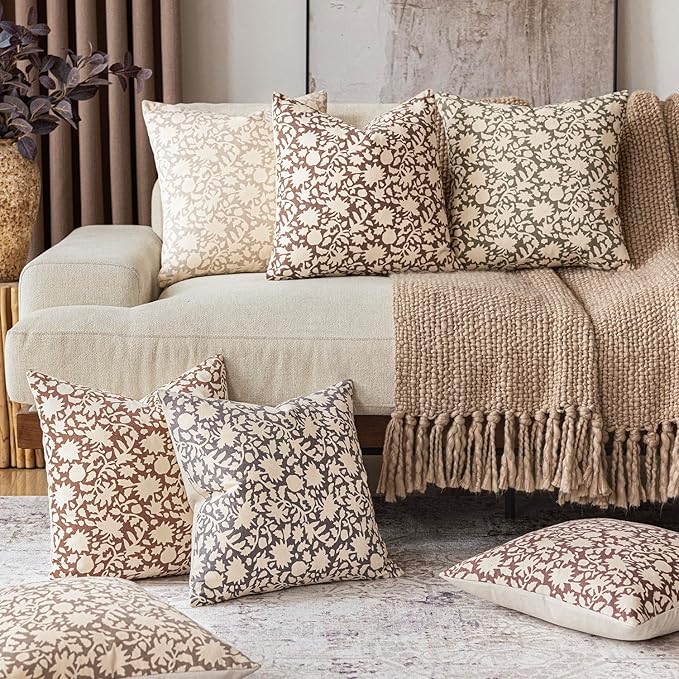 Foindtower Set of 2 Decorative Neutral Floral Throw Pillow Covers Accent Farmhouse Cushion Covers Boho Vintage Pillowcase for Couch Sofa Bedroom Living Room Home Decor,22×22 Inch,Sage Green