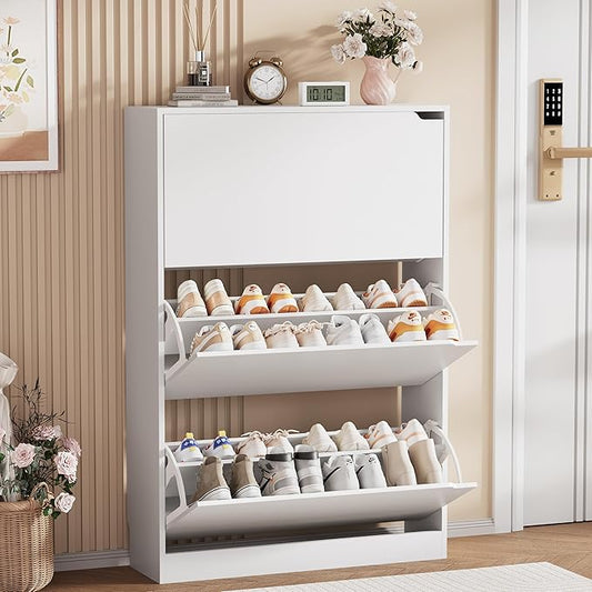 Shoe Storage Cabinet, Wood Shoe Organizer for Entryway with 3 Flip Drawers, Freestanding Shoe Rack with Adjustable Shelf, Narrow Shoe Dresser for Front Door Entrance(White, 47.2" x 31.5" x 9.25")