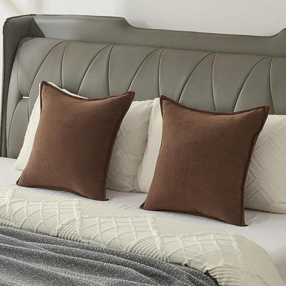 FUTEI Brown Chenille Throw Pillow Covers 24x24 Inch Set of 2,Edges Double-Stitched European Cushion Cases,Modern Home Decor for Couch Living Room