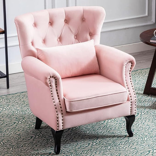 Accent Reading Arm Chairs for Living Room Bedroom, Midcentury Modern Comfy Corner Sofa Chair, Wingback Waiting Room Club Chair with Button Tufted Back &Lumbar Pillow, Velvet Pink